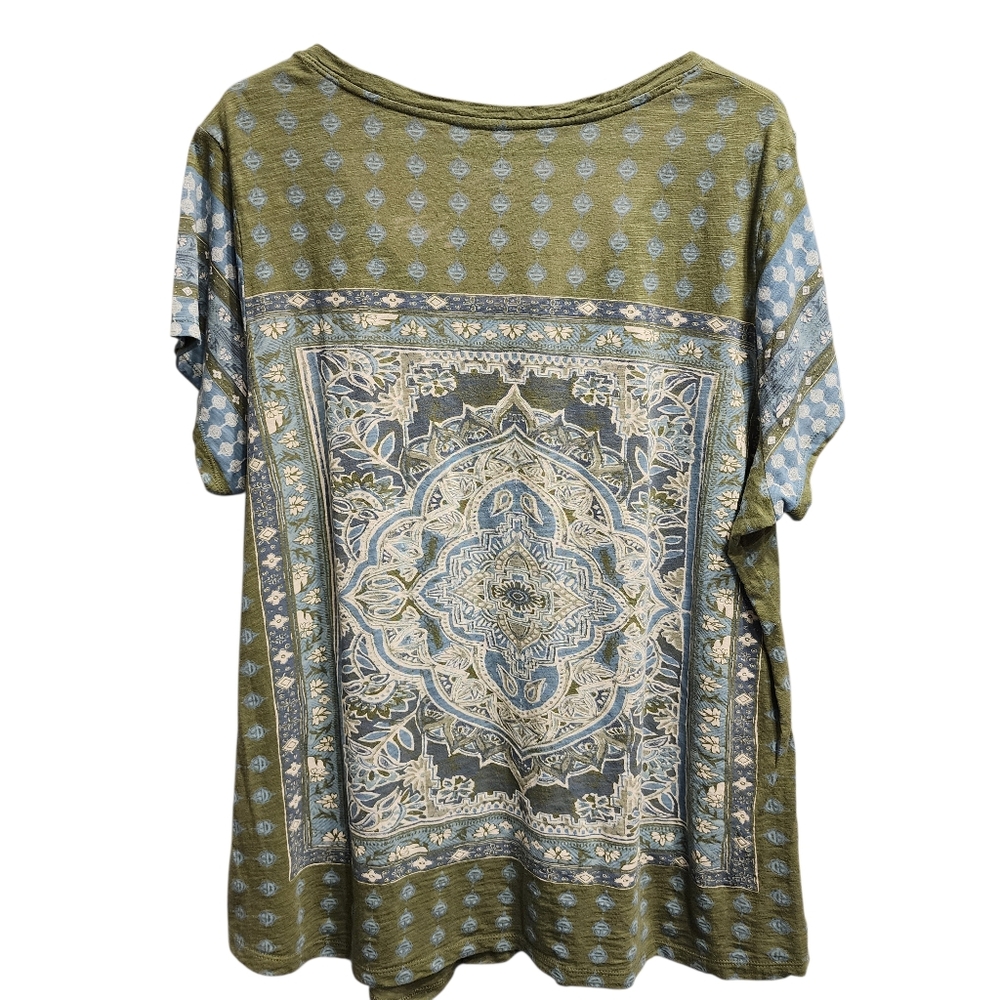 2XL Green white BANDANA print top LUCKY brand Western Print cotton Blend T Shirt - Picture 2 of 9